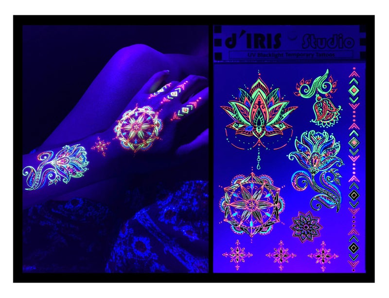 d'IRIS studio Temporary Tattoos for Glow Party UV Blacklight â€“ 1 Sheet Lotus Floral Body Paint Art Light Festival Accessories Glow in the Dark Makeup | 7.2â€ x 5.2â€ Temp Great for EDM EDC Party Rave Parties - Image 4
